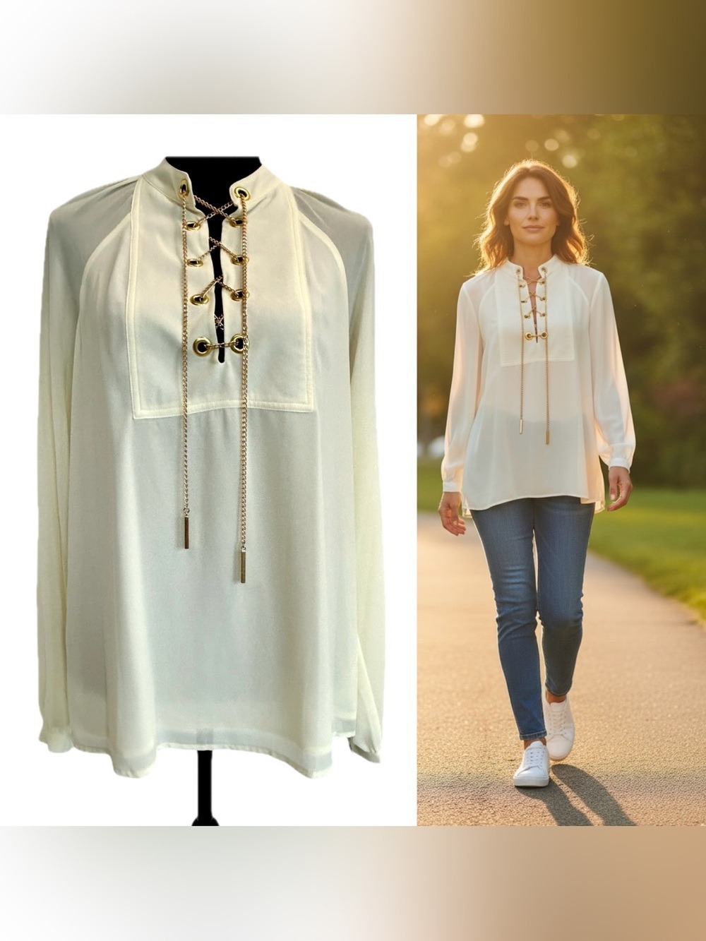 MICHAEL Michael Kors Cream lace-up top blouse featuring gold chain detail Sz M
